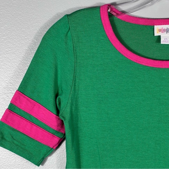 LuLaRoe Green Pink Julia Dress Size XS Varsity Stretch Sheath T Shirt Shift EUC - Picture 3 of 8